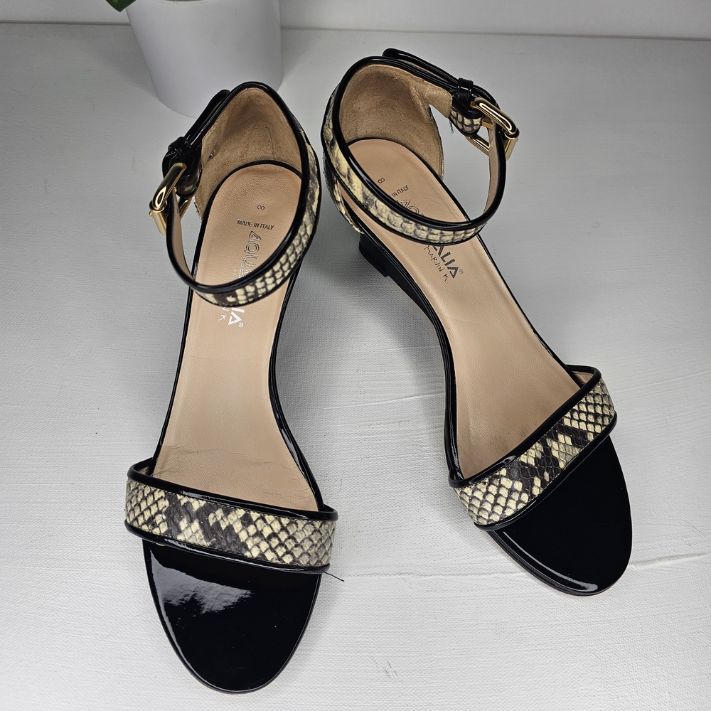 Aquatalia Quenby Wedge Sandals 8 Elegant Black Patent Leather Snakeskin Italian - Picture 5 of 8